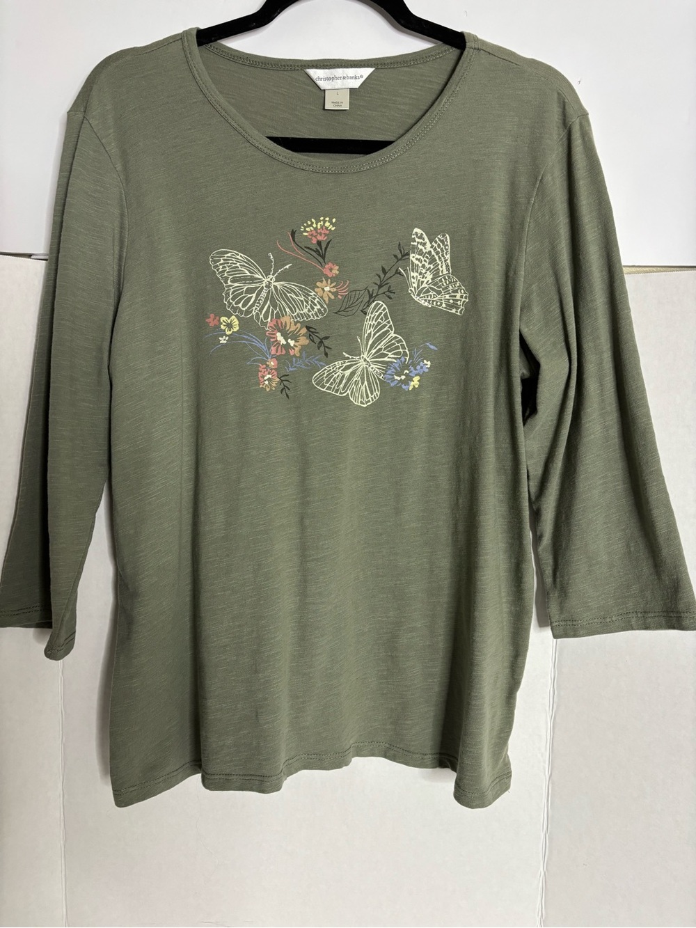 Christopher & Banks Olive Green Butterfly Floral Long Sleeve Tee - Picture 5 of 6